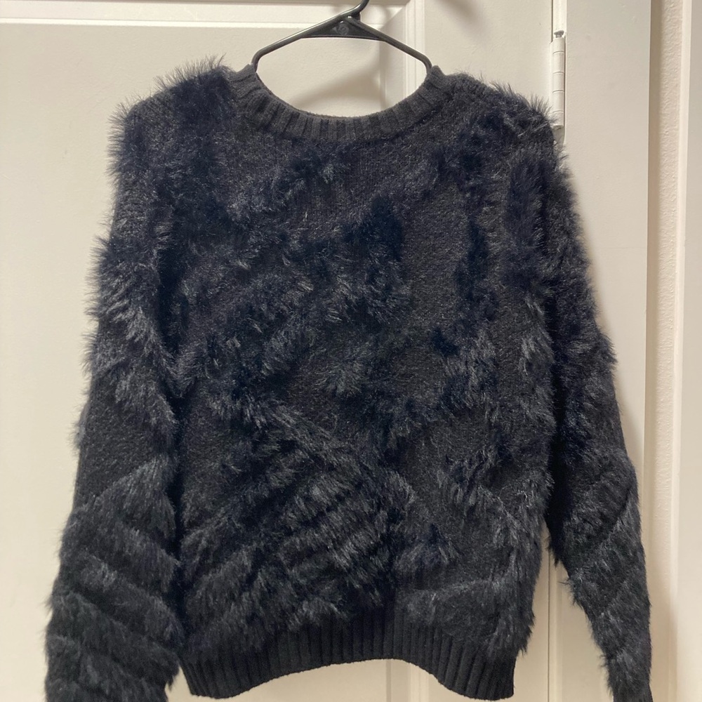 We Same Lab Black Fluffy Crew Neck Sweater with Relaxed Fit